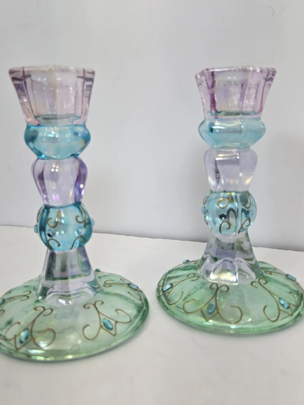 PartyLite Mardi Gras Taper Candle holder Pair Iridescent Purple, Blue, Green - Picture 2 of 5